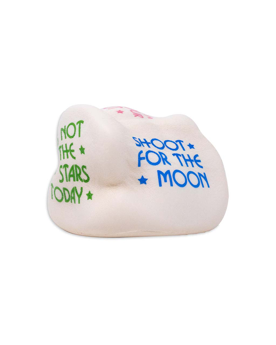 smooshed white foam de-stress dice with fun decision making sayings on it