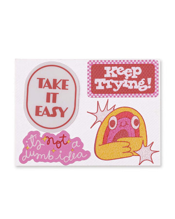 set of 4 sensory stickers with 'take it easy', 'keep trying, 'it's not a dumb idea' and rainbow graphic