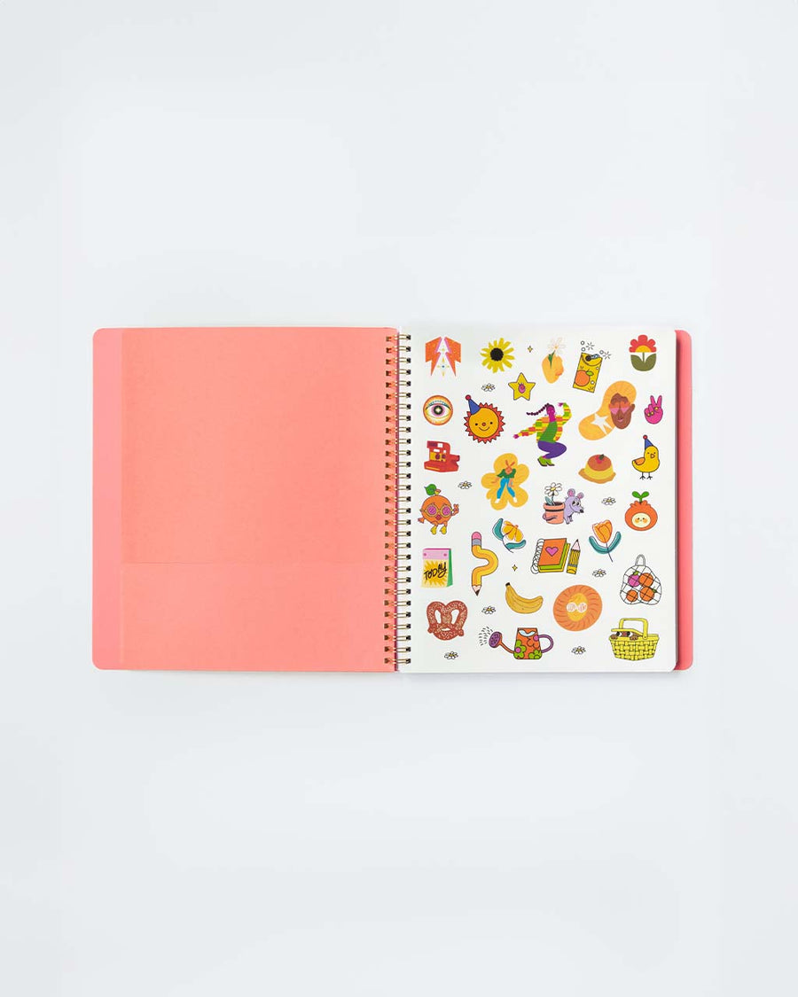 interior stickers of yellow undated planner with colorful 'let me write that down' across the front