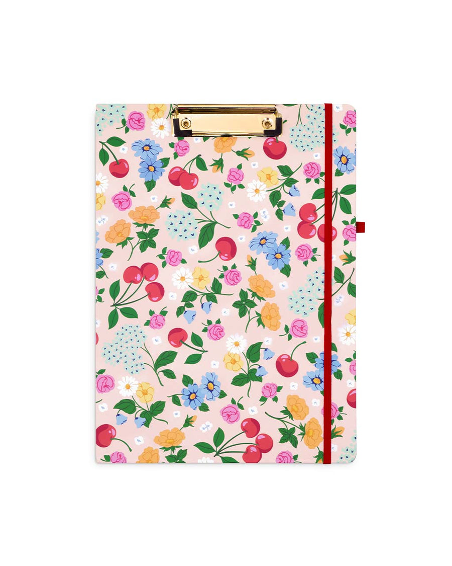 light pink clipboard folio with cherry and assorted floral print