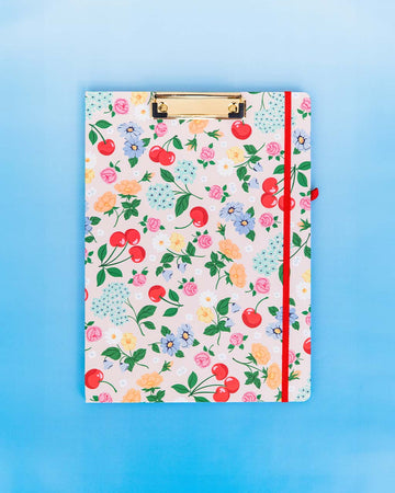 light pink clipboard folio with cherry and assorted floral print