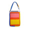 pink, yellow, red, and blue quilted laptop tote with various pockets