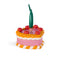 ceramic pink cake shaped ornament with orange and white trim and 'cherries on top' 