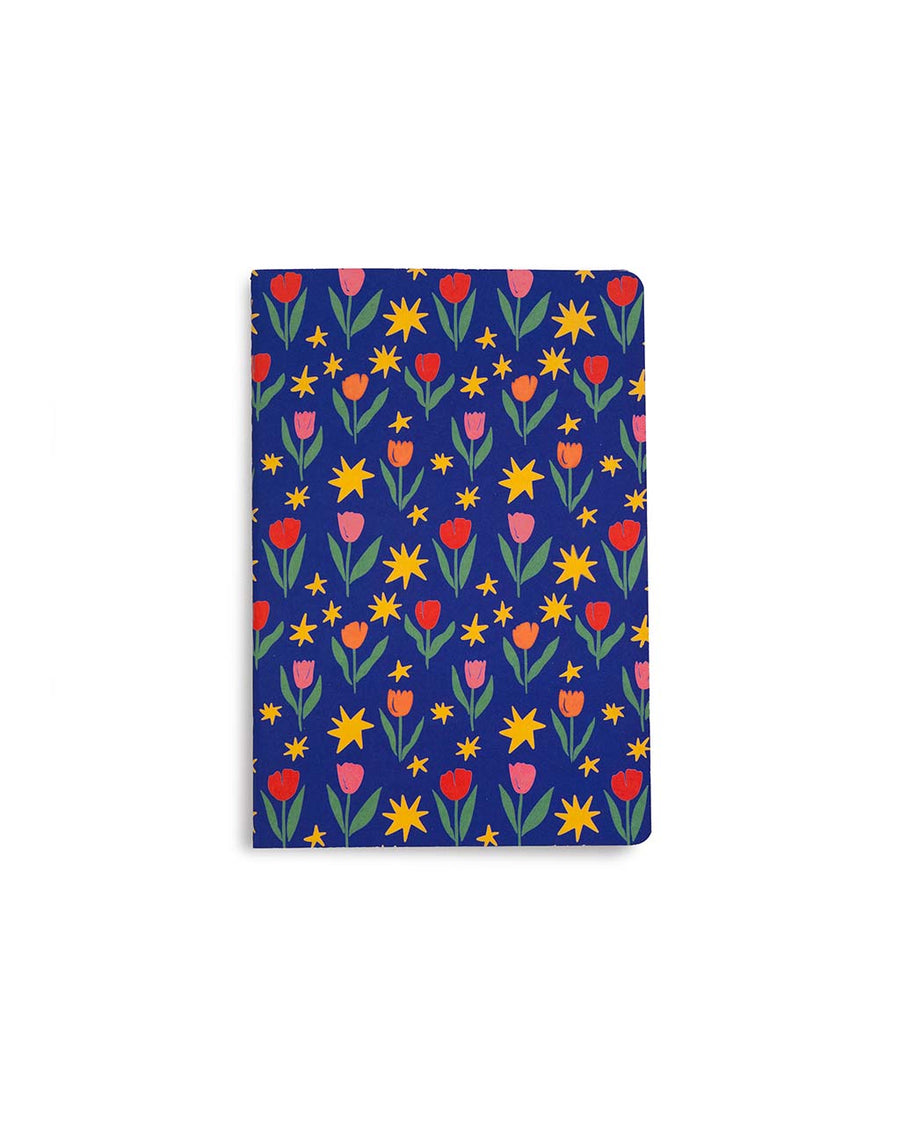 navy blue notebook with pink, red and orange tulip print