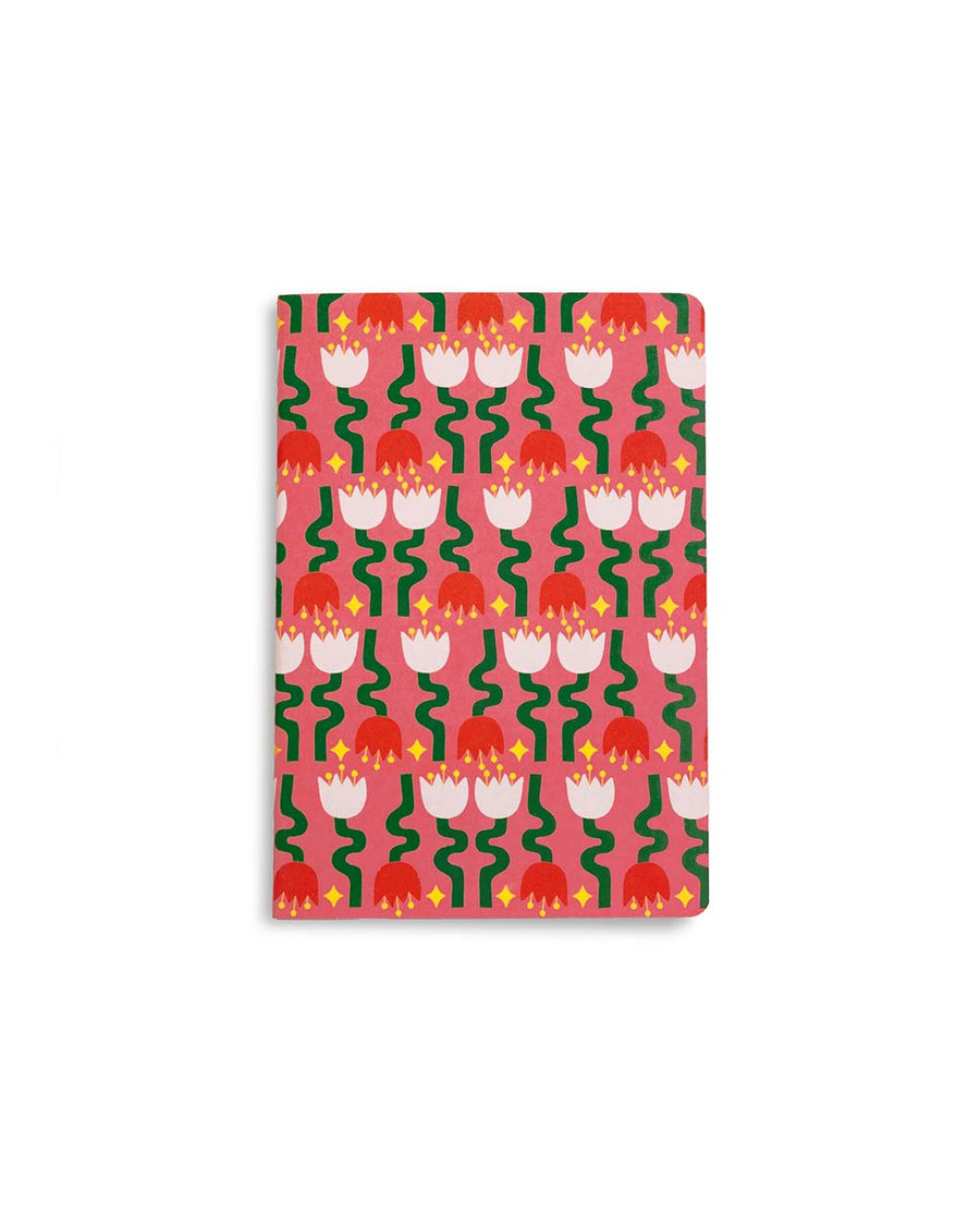 pink notebook with mid century tulip print