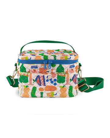 white quilted lunch bag with all over charcuterie print with green and blue trim 