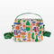 back view of white quilted lunch bag with all over charcuterie print with green and blue trim 