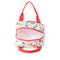 interior of light pink lunch tote with all over cherry and flower print and red handles