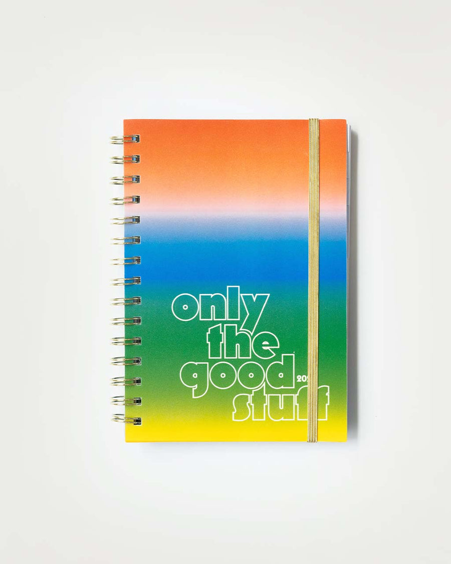 ombre medium 12-month planner with white 'only the good stuff' and gold metallic elastic