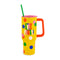 yellow mega 40 oz stainless steel tumbler with colorful 'life of the party' on the front