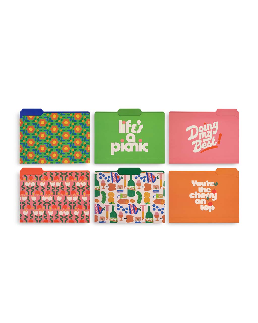 A set of six colorful file folders