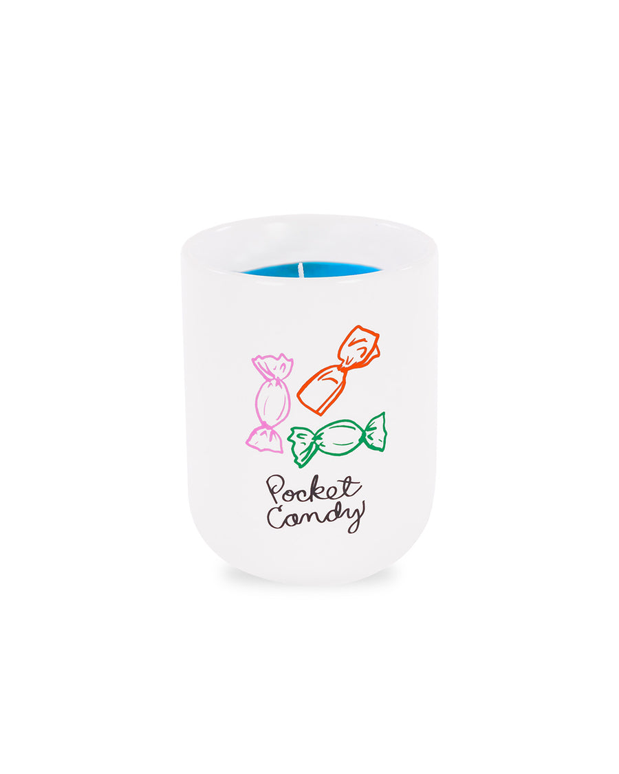 sweet scented candle with 'pocket candy' across the front