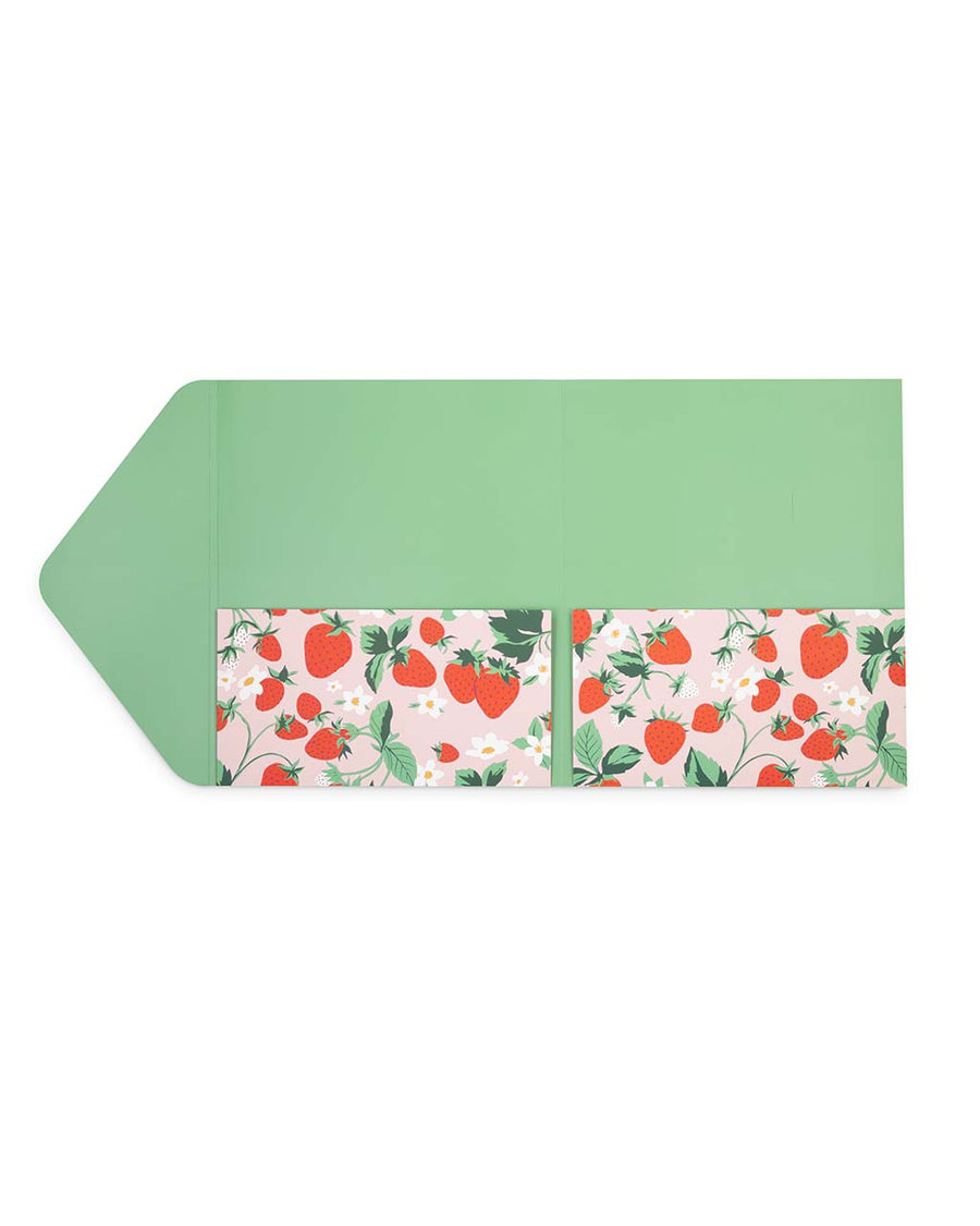 green interior of pink strawberry print file folder