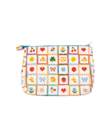 white quilted pouch with various hearts, fruits, smiley faces