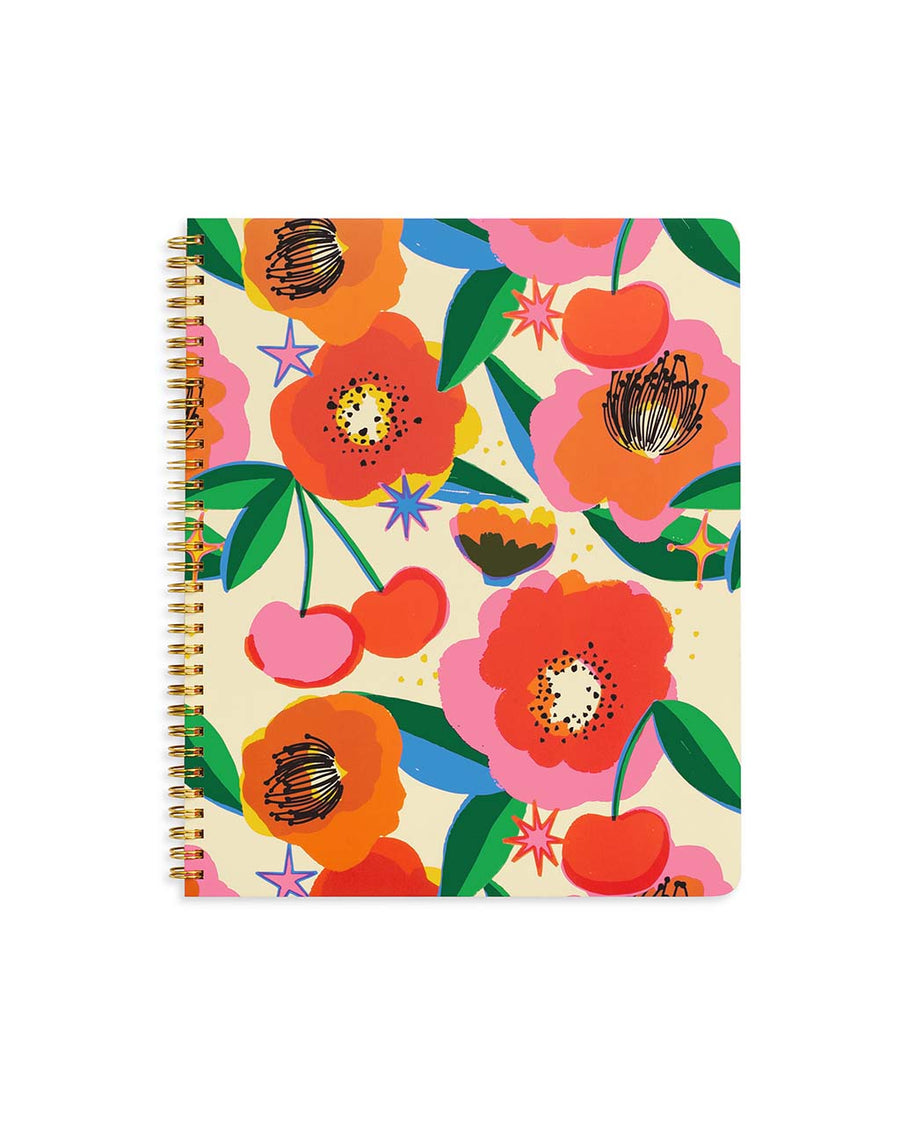 pale yellow large notebook with abstract floral and cherry print