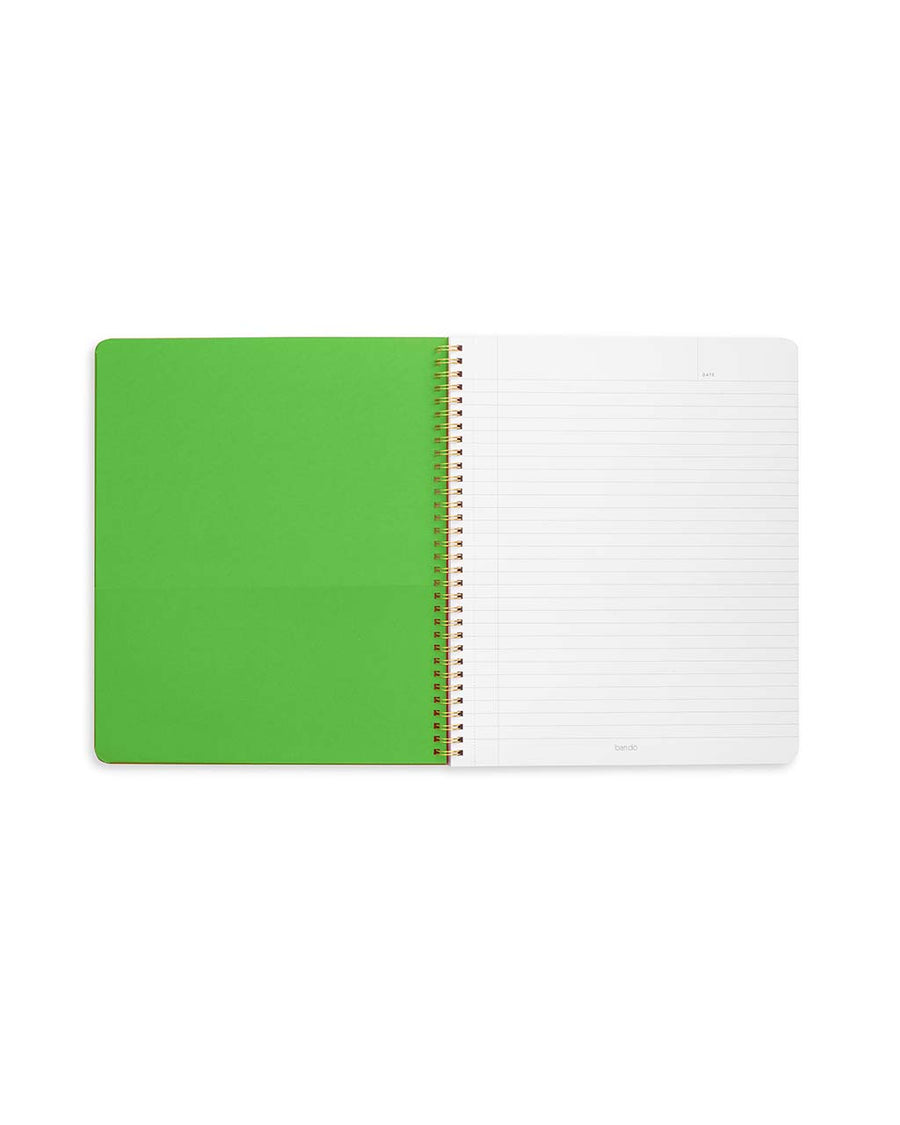 inside green pocket and pages of large notebook