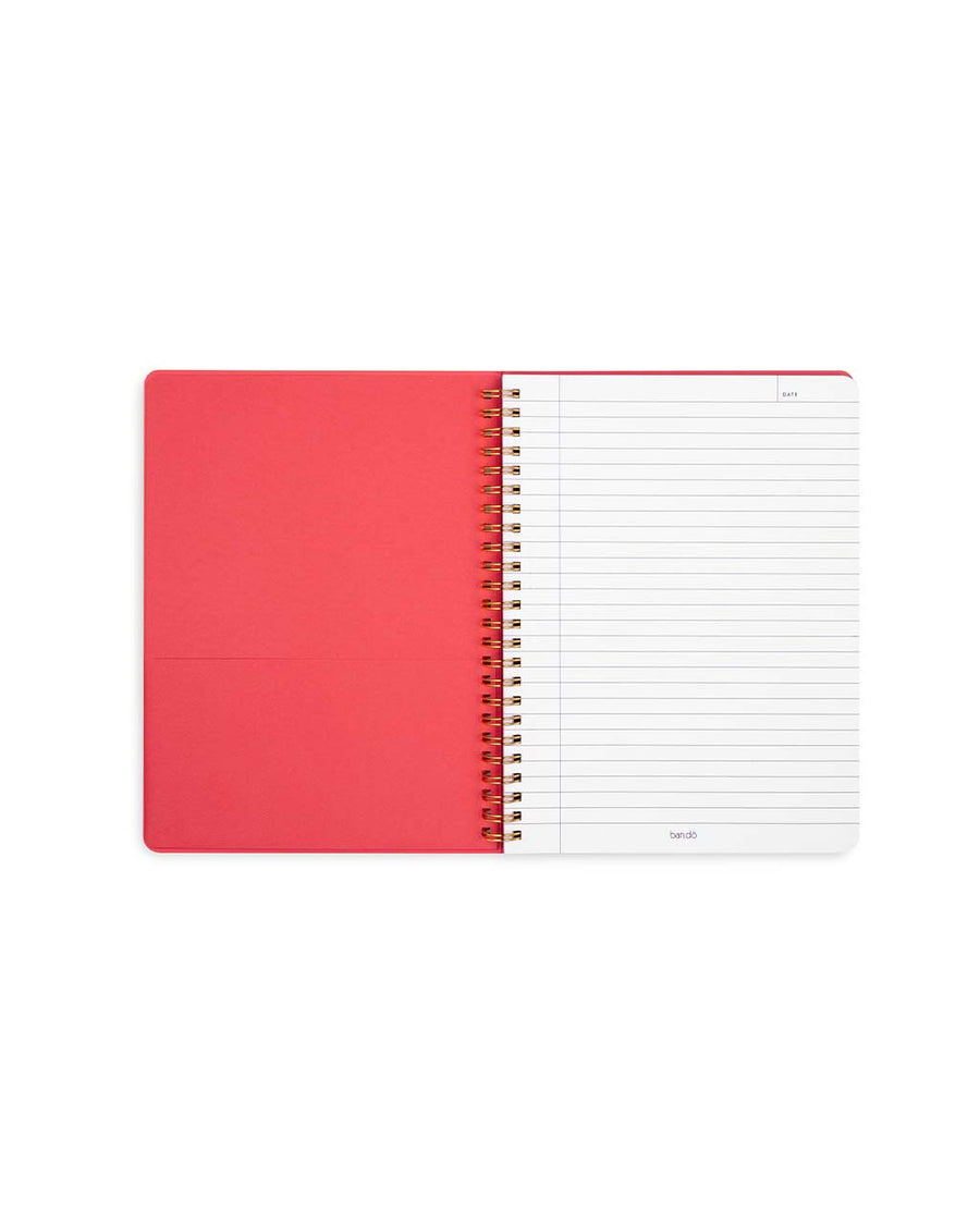 red pocket interior of light pink mini notebook with cherry and floral print