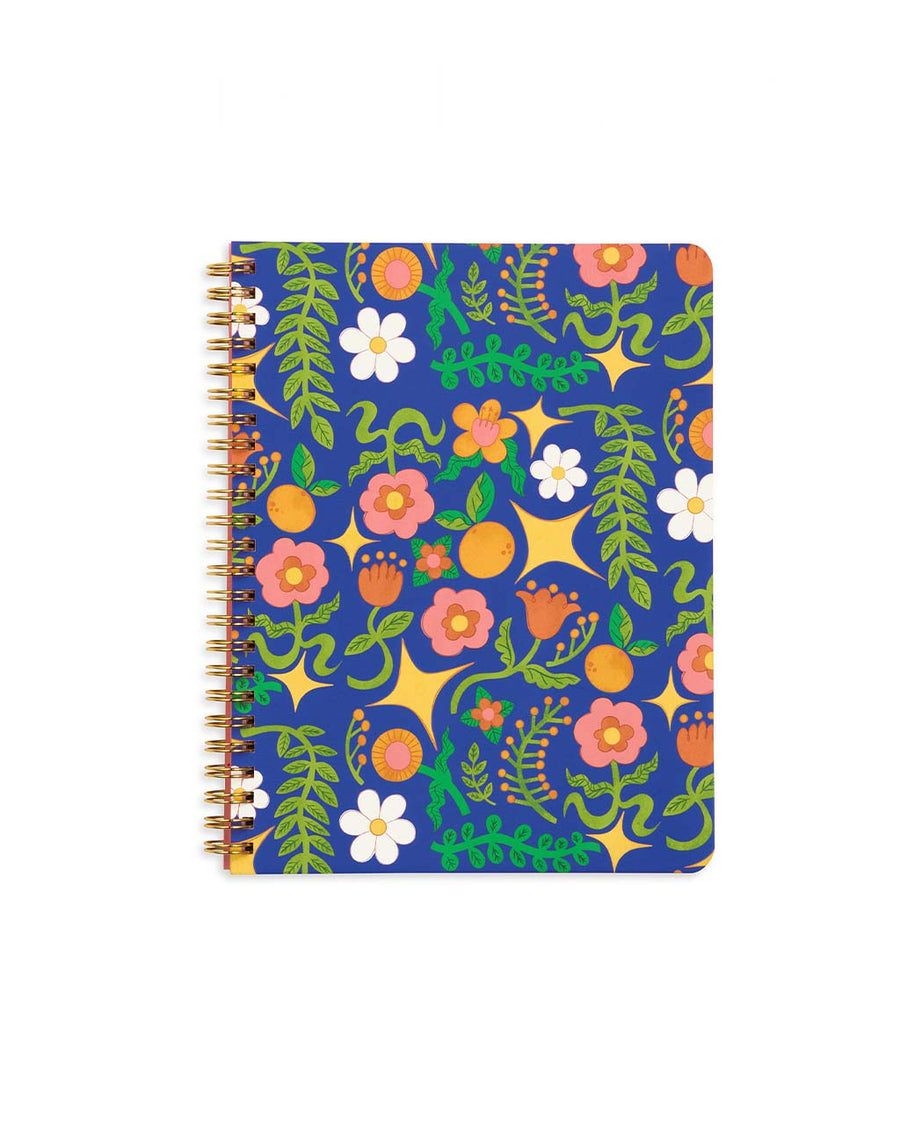 royal blue mini notebook with all over abstract star, floral and fruit print