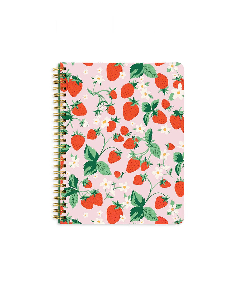 light pink mini notebook with all over strawberry print