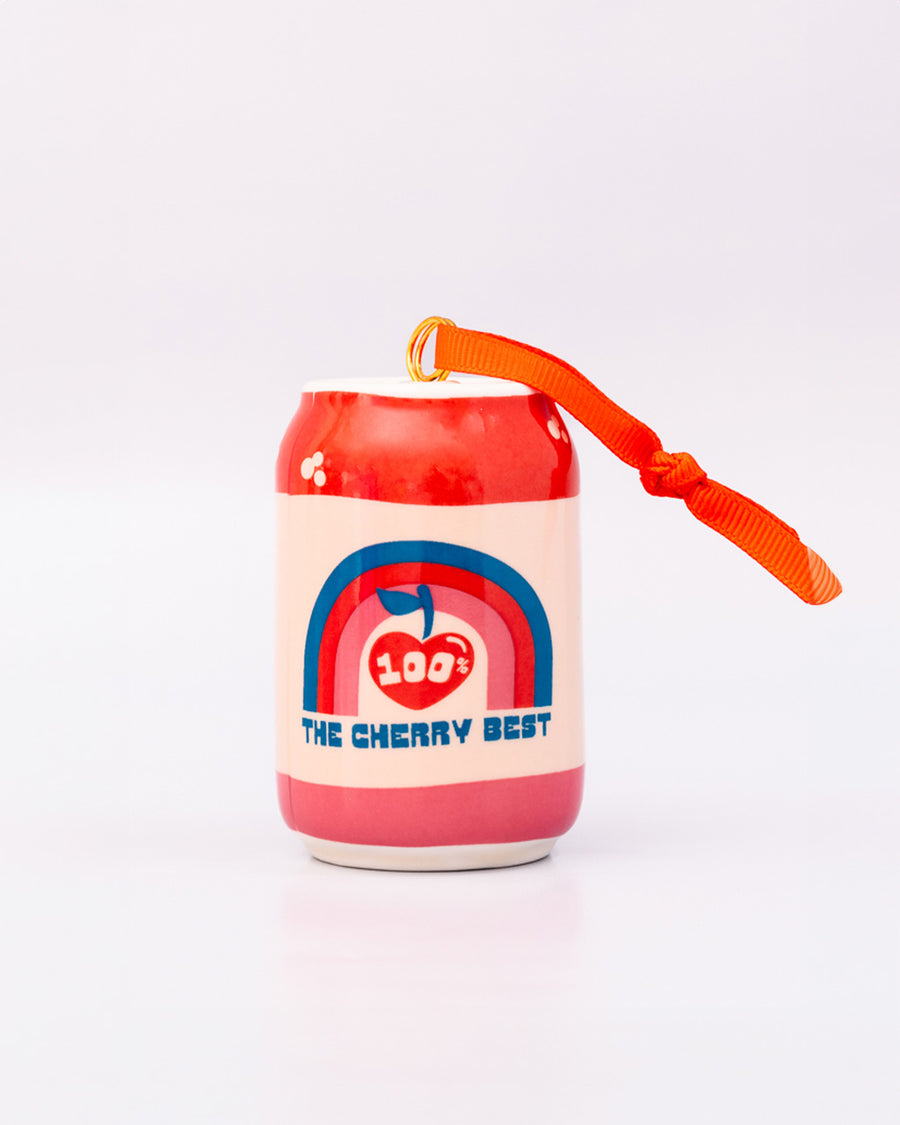 back view of ceramic 'lucky cherry cream soda' soda can ornament