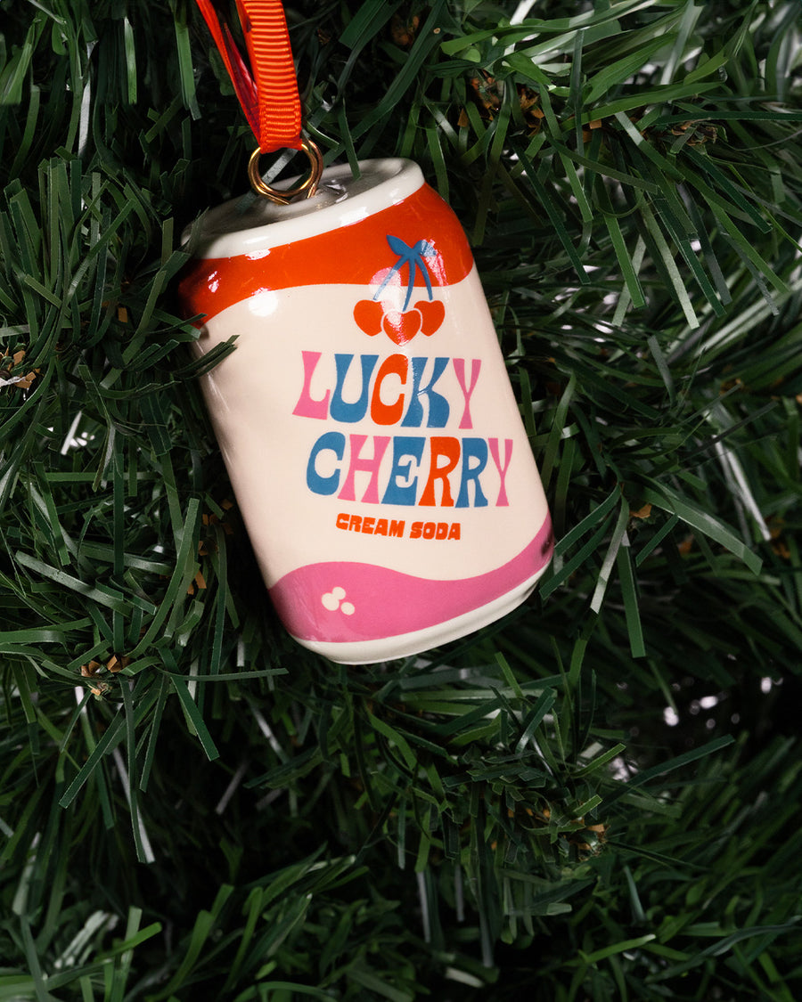 ceramic 'lucky cherry cream soda' soda can ornament on tree