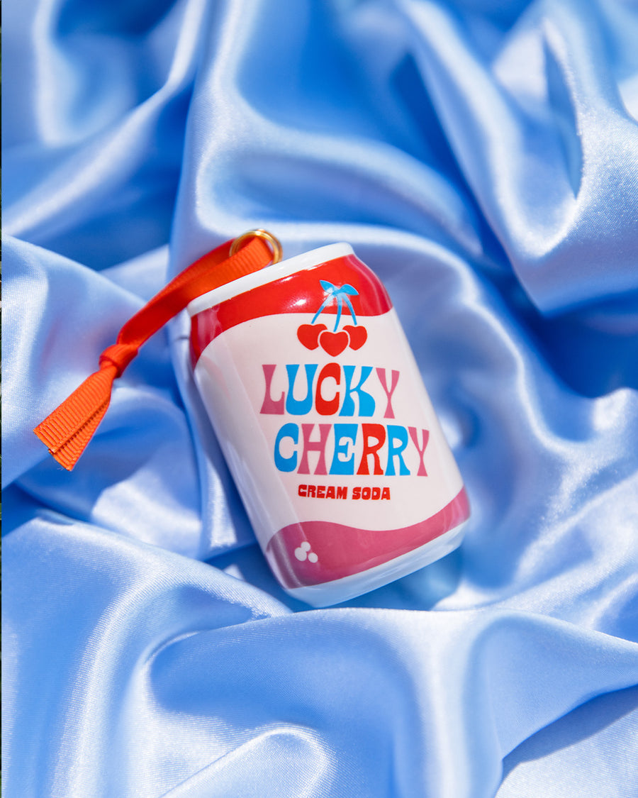 ceramic 'lucky cherry cream soda' soda can ornament in blue satin