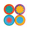 set of four dessert plate set with vibrant color blocking