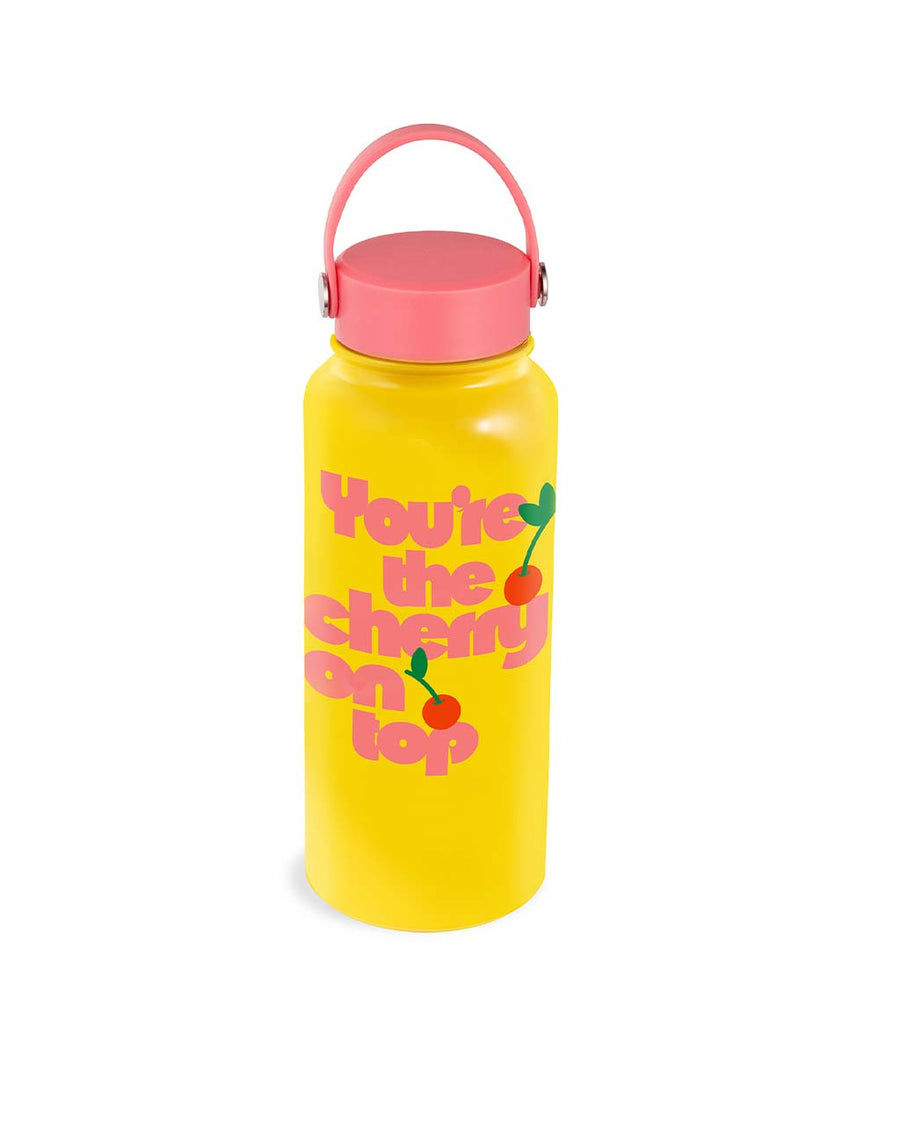 yellow steel water bottle with pink lid and pink 'you're the cherry on top' across the front