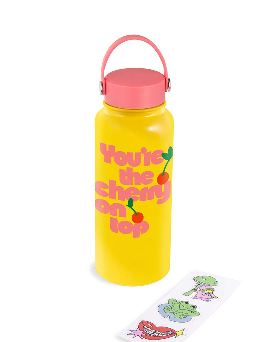 yellow steel water bottle with pink lid and pink 'you're the cherry on top' across the front and stickers