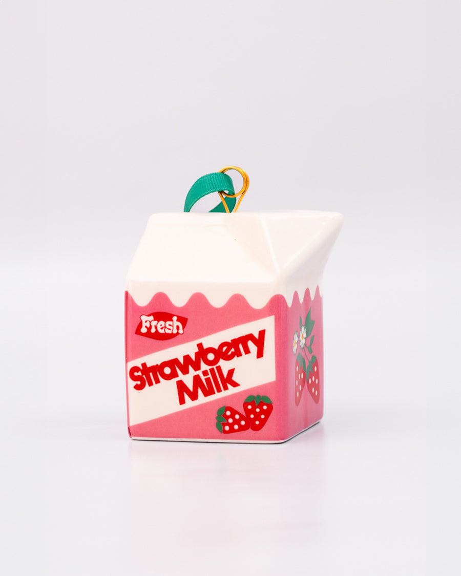 side view of ceramic strawberry milk carton ornament