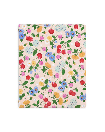 light pink three ring binder with cherry and floral print