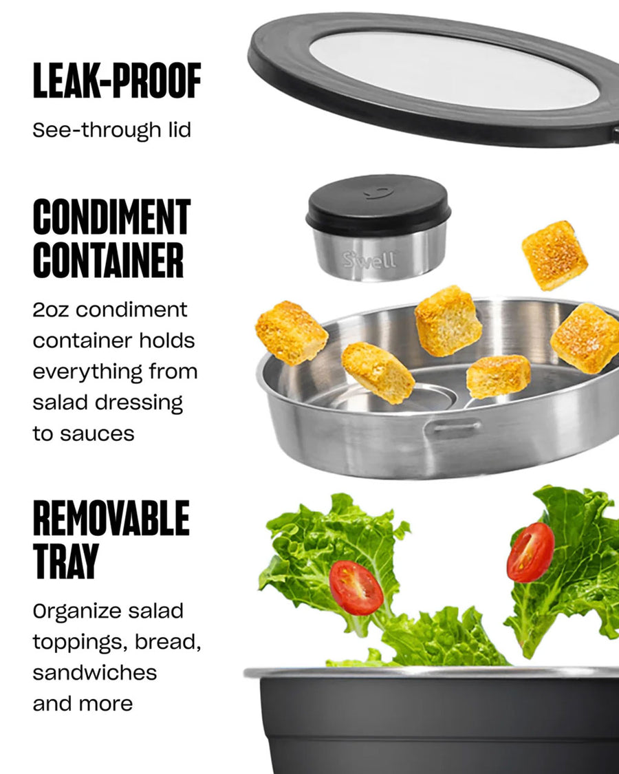 leak-proof, condiment container and removable tray