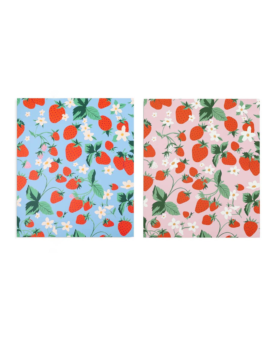 set of two file folders: blue strawberry print and pink strawberry print