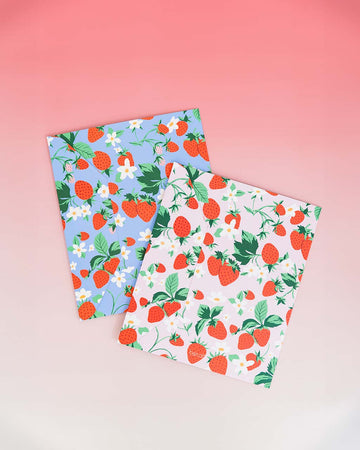 set of two file folders: blue strawberry print and pink strawberry print on red and white gradient ground