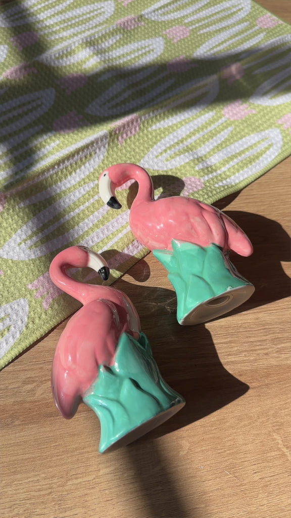 model using set of pink flamingo salt and pepper shakers