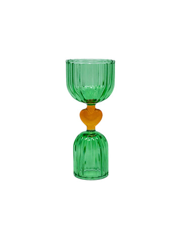 green double shot glass with yellow heart detail