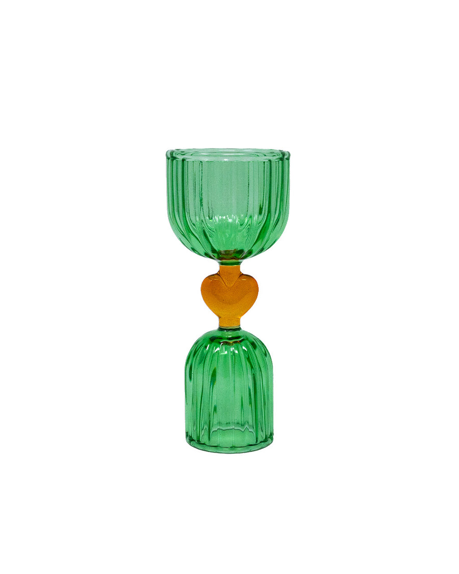 green double shot glass with yellow heart detail