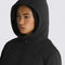 model wearing hood up on black puffer hooded cropped jacket