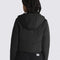 back view of model wearing black cropped puffer jacket with a hood