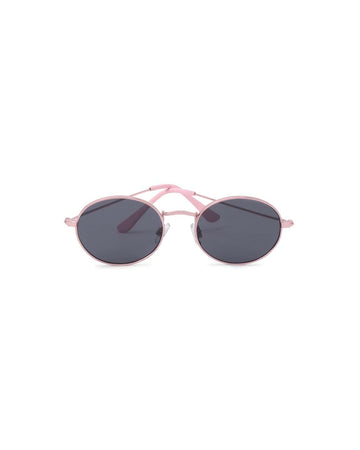 oval sunglasses with pink metal frame and gray lenses