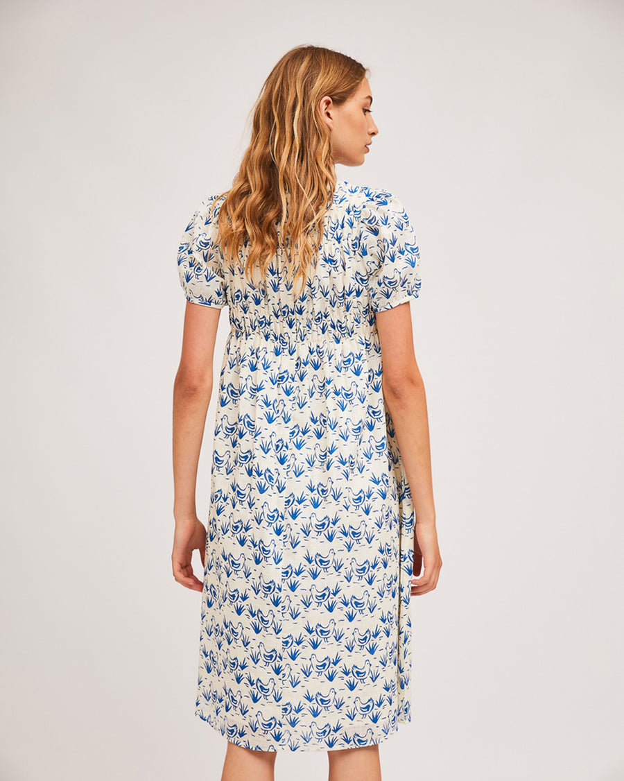 back view of model wearing blue floral midi dress