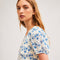 shoulder detail of model wearing blue floral midi dress