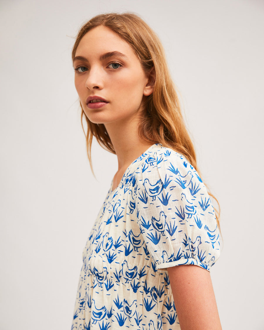 shoulder detail of model wearing blue floral midi dress