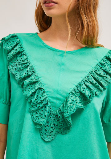 detail shot of model wearing green ruffle-front blouse with eyelet detail