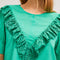 detail shot of model wearing green ruffle-front blouse with eyelet detail