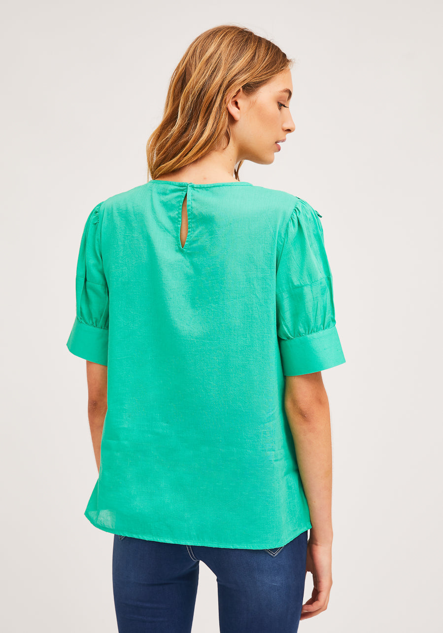 back view of model wearing green ruffle-front blouse with eyelet detail and blue jeans