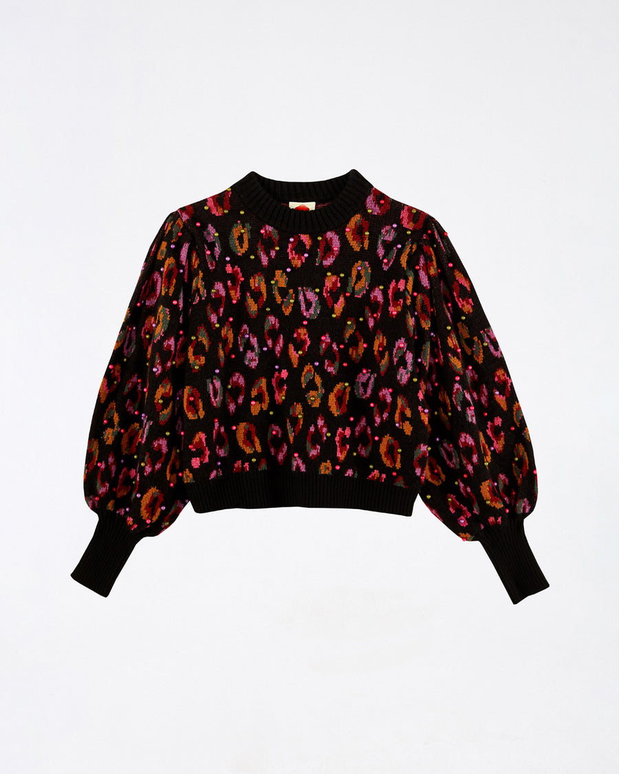 black ikat leopard sweater with multicolored pearl embellishments