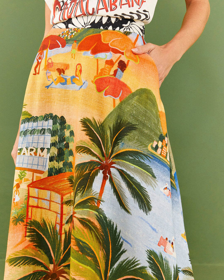 up close of vibrant beach midi skirt