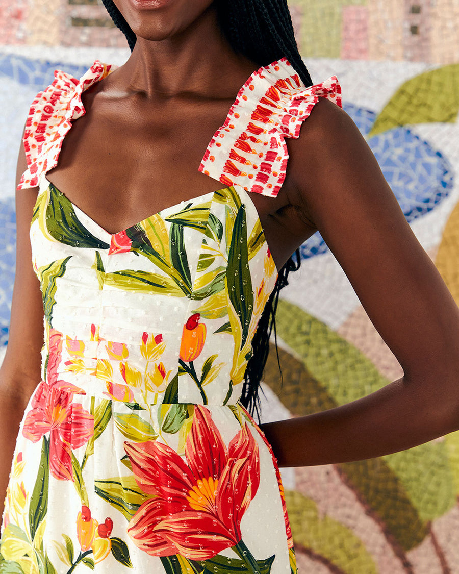 up close of cinched bodice and ruffle tank straps