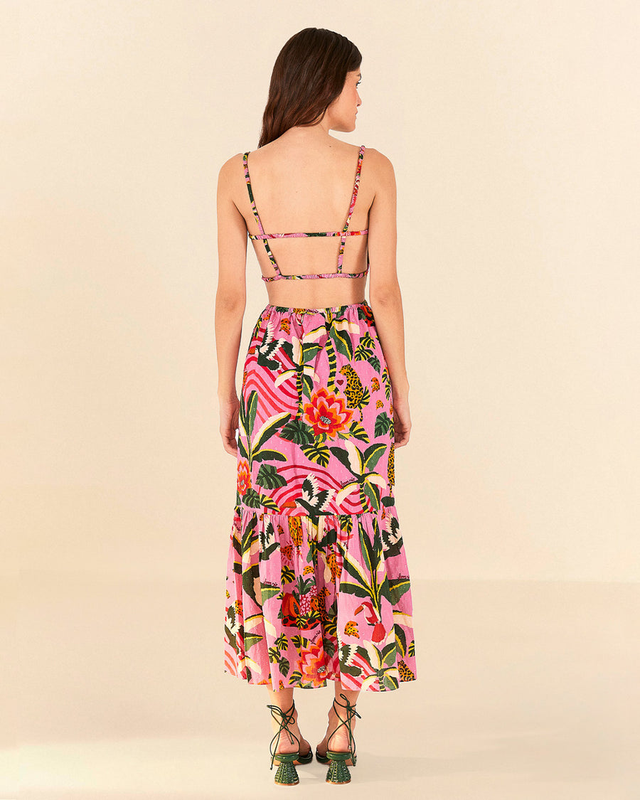 strappy back of pink leopard forest midi dress